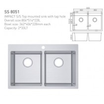 ECT IMPACT S/S Top mounted sink with tap hole 806*514*228, 362*406*228mm each